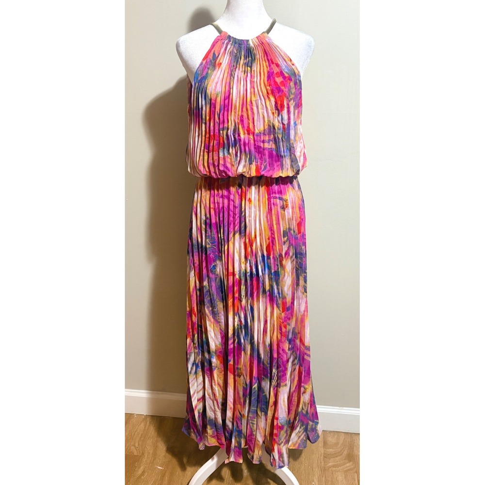 MSK Pleated Maxi Dress Womens 6 Multicolor Excellent Watercolor Halter Boho